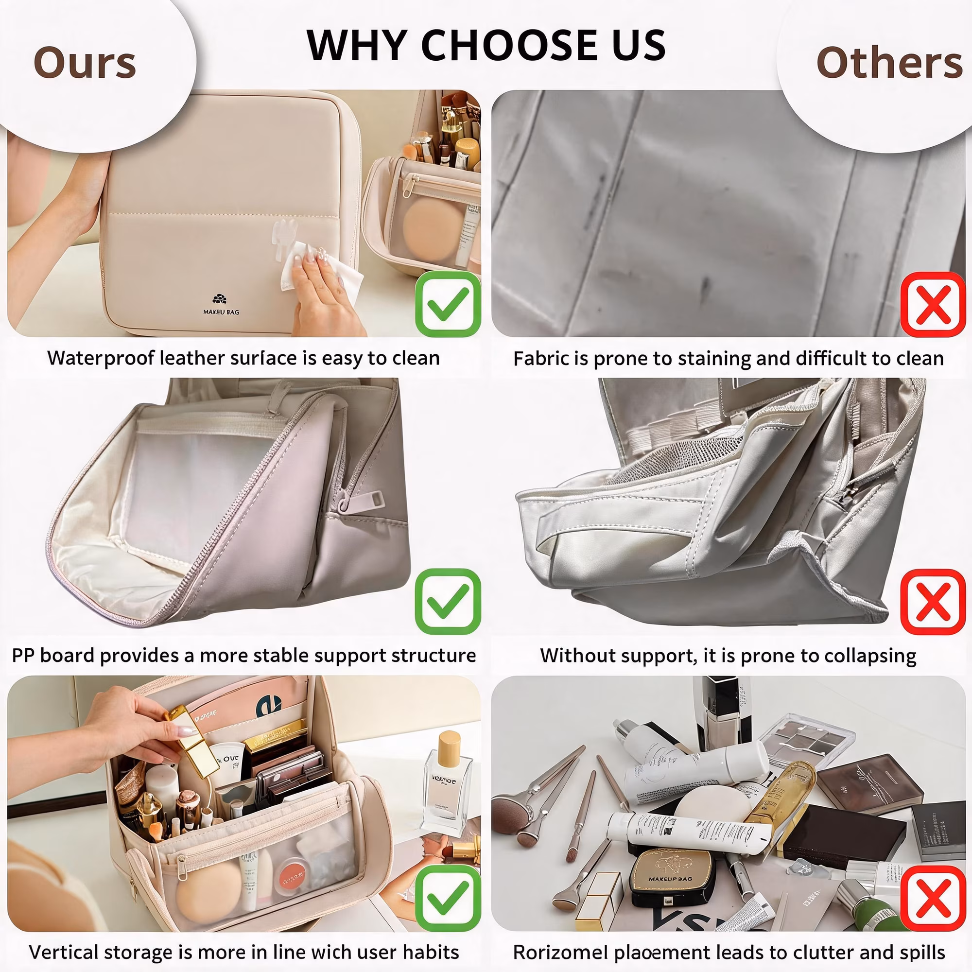 Travel Makeup Bag with Magnetic Fold-Down Flap, Waterproof Leather Cosmetic Organizer for Women, Multi-Zone Standing Storage, Pink, Large