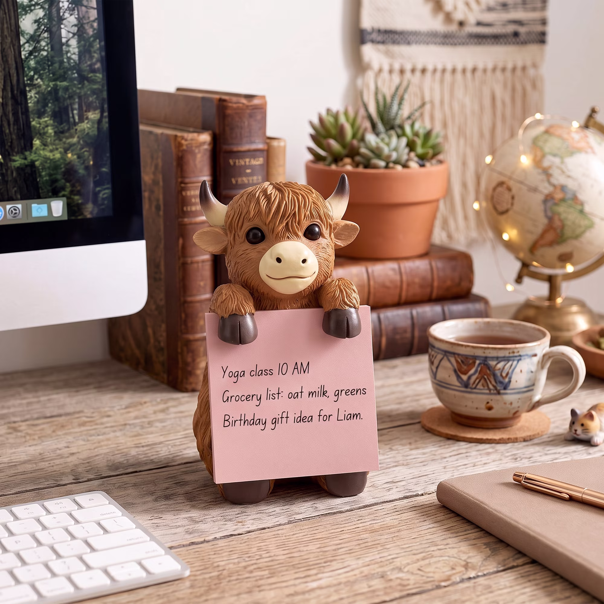 Cute Highland Cow Sticky Note Dispenser, Resin Desk Note Holder with 100 Sheets Pink Sticky Notes, Adorable Desktop Decor for Home Office Study Room