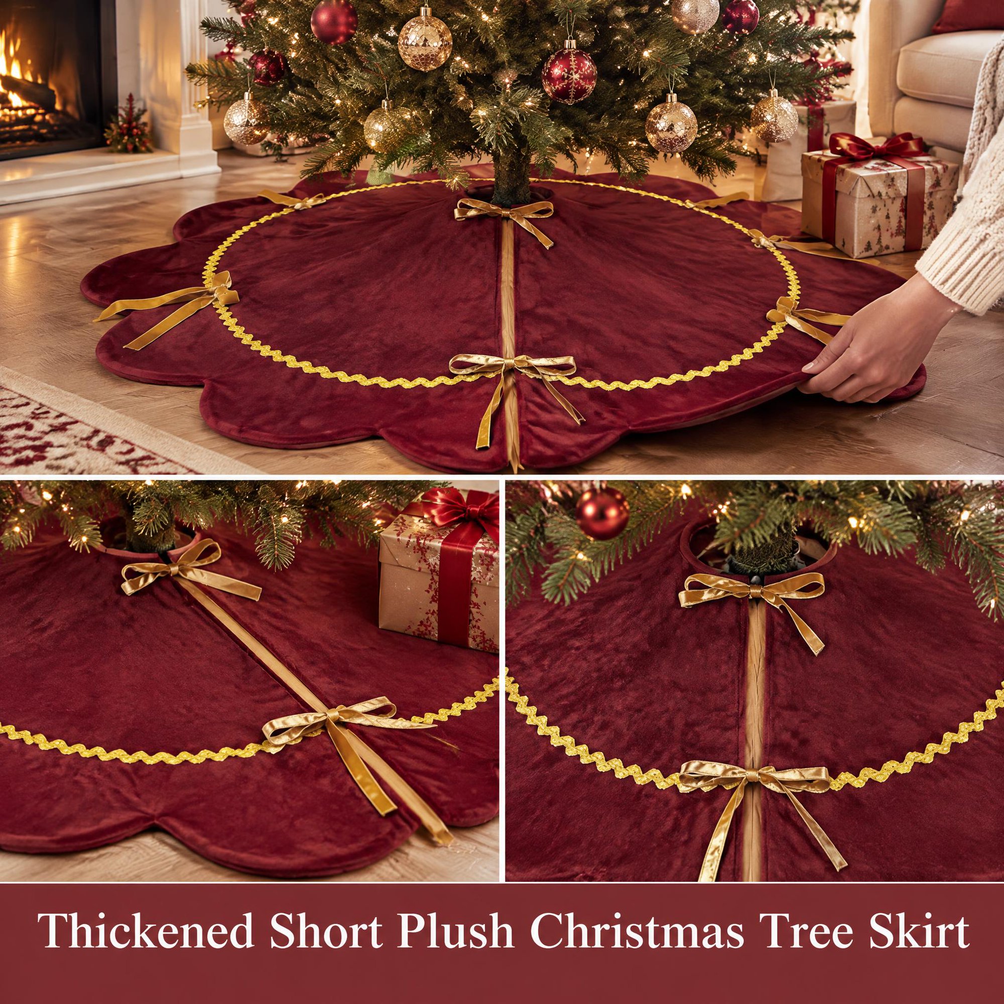 MQOALA Thickened Short Plush Christmas Tree Skirt, 36 Inch Scalloped Xmas Tree Mat with Sparkling Gold Lace Trim, Soft Short Plush Rustic Red Indoor Christmas Home Decor