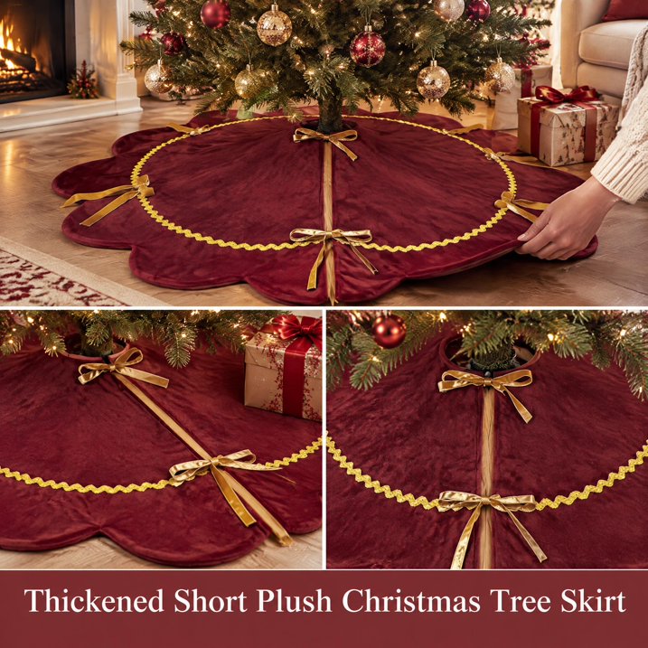 MQOALA Thickened Short Plush Christmas Tree Skirt, 48 Inch Scalloped Xmas Tree Mat with Sparkling Gold Lace Trim, Soft Short Plush Rustic Red Indoor Christmas Home Decor