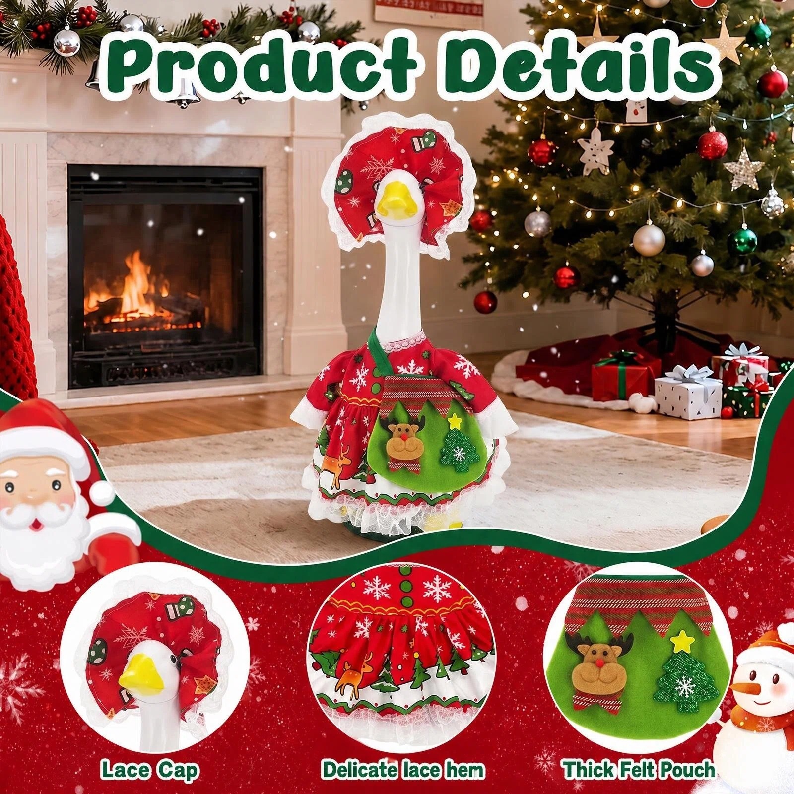 MQOALA 3Pcs Christmas Porch Goose Outfit, 23" Goose Christmas Tree Dress with & 3D Reindeer Bag for for Outdoor Yard Patio Christmas Decor