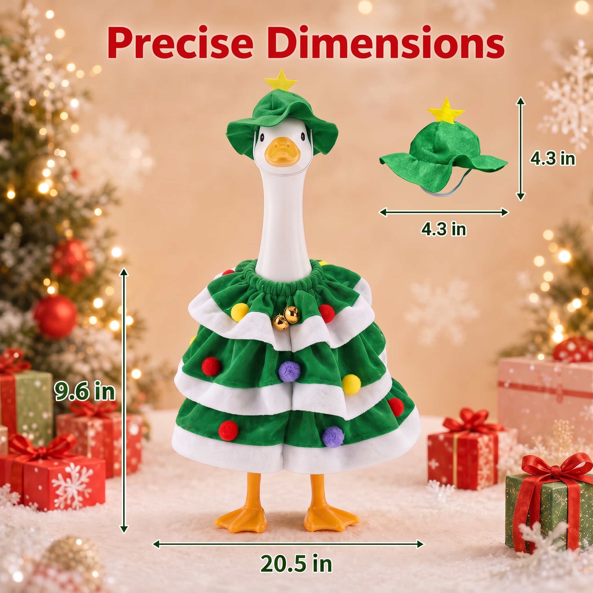 MQOALA Christmas Porch Goose Outfits, 2Pcs Set for 23 Inch Lawn Goose Statue, Christmas Tree Style Goose Dress & Star Hat with Bells, Garden Yard Patio Holiday Decor, Goose Figurine Not Included