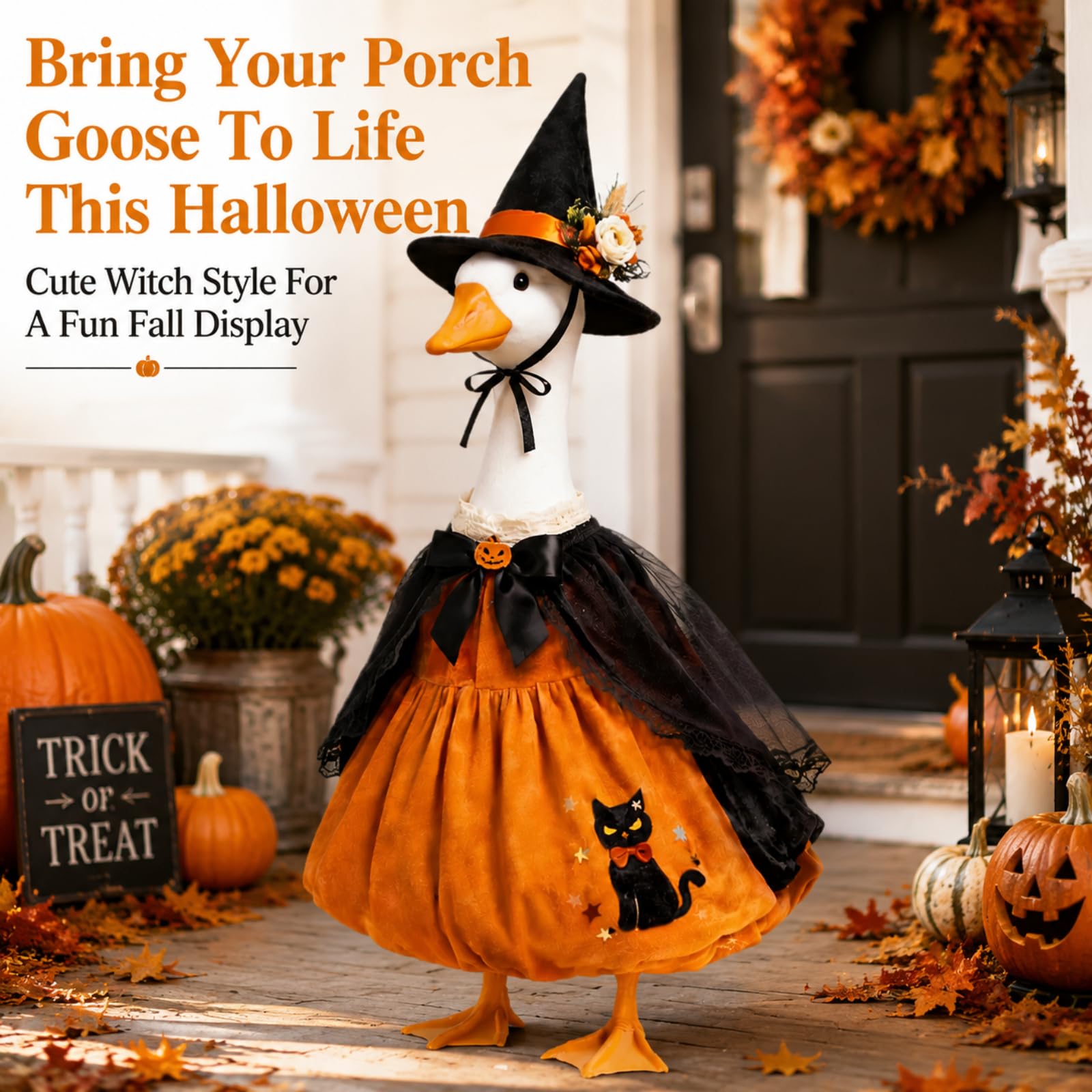 MQOALA 3PCS Halloween Porch Goose Outfit, 23" Goose Statue Pumpkin Witch Dress with Hat Set, Cute Goose Clothing for Fall Thanksgiving Outdoor Yard Patio Decor