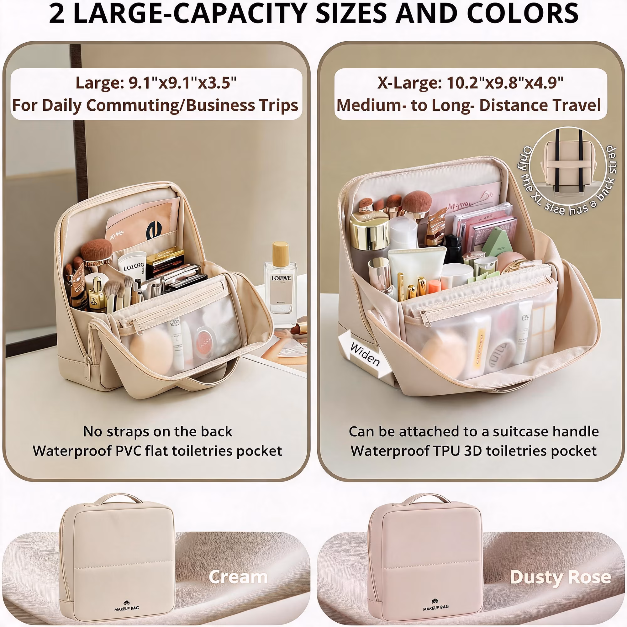 Travel Makeup Bag with Magnetic Fold-Down Flap, Waterproof Leather Cosmetic Organizer for Women, Multi-Zone Standing Storage, Pink, Large