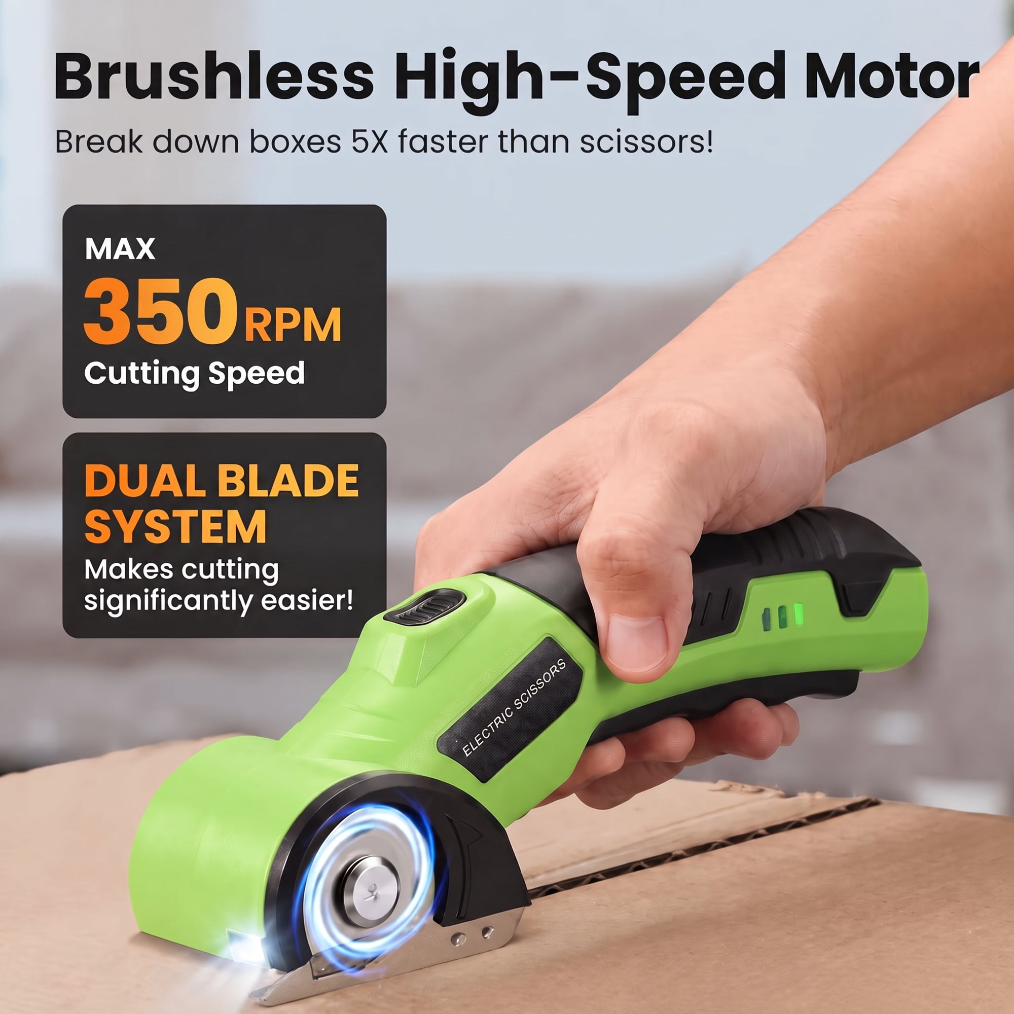 MQOALA 4V Rechargeable Rotary Cutter, 3000mAh Battery with LED Light & Safety Lock, 2 Blades, For Fabric, Carpet, Carton, Plastic & Leather,Green