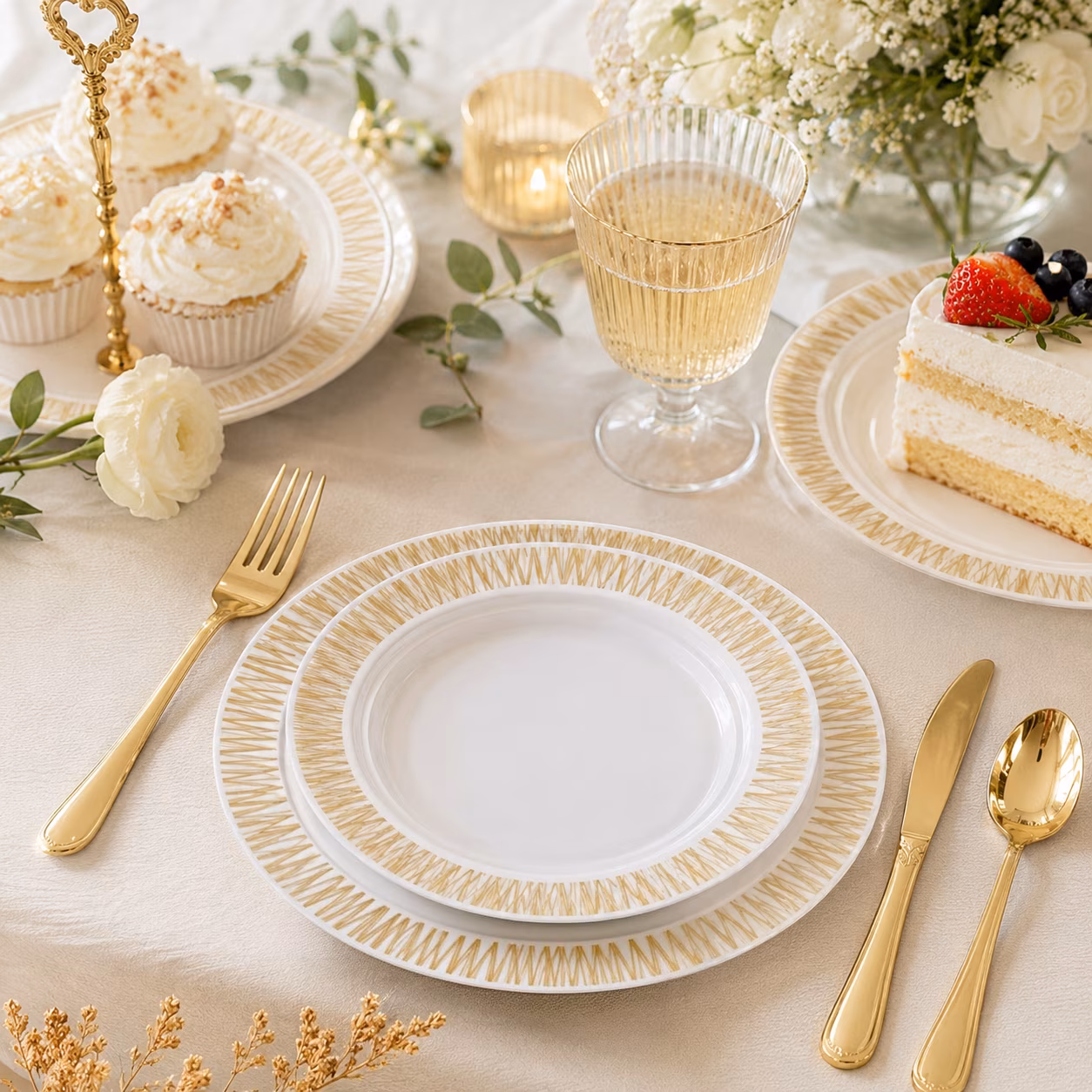 MQOALA 125 Gold Dinnerware Set for 25 Guests, Wedding Disposable Dinnerware , Including 25 Disposable Plastic Plates, 25 Dessert Plates, 25 Forks, 25 Spoons, 25 Knives, BPA-free