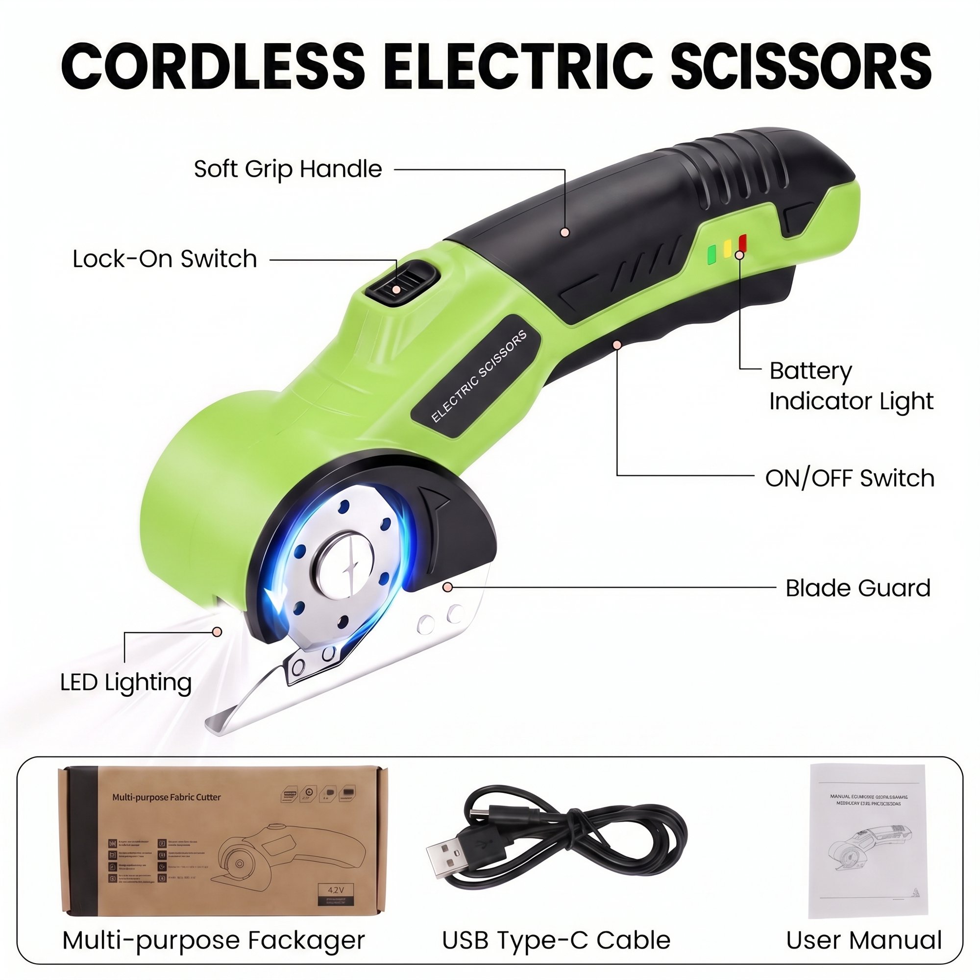 MQOALA 4V Rechargeable Rotary Cutter, 3000mAh Battery with LED Light & Safety Lock, 2 Blades, For Fabric, Carpet, Carton, Plastic & Leather,Green