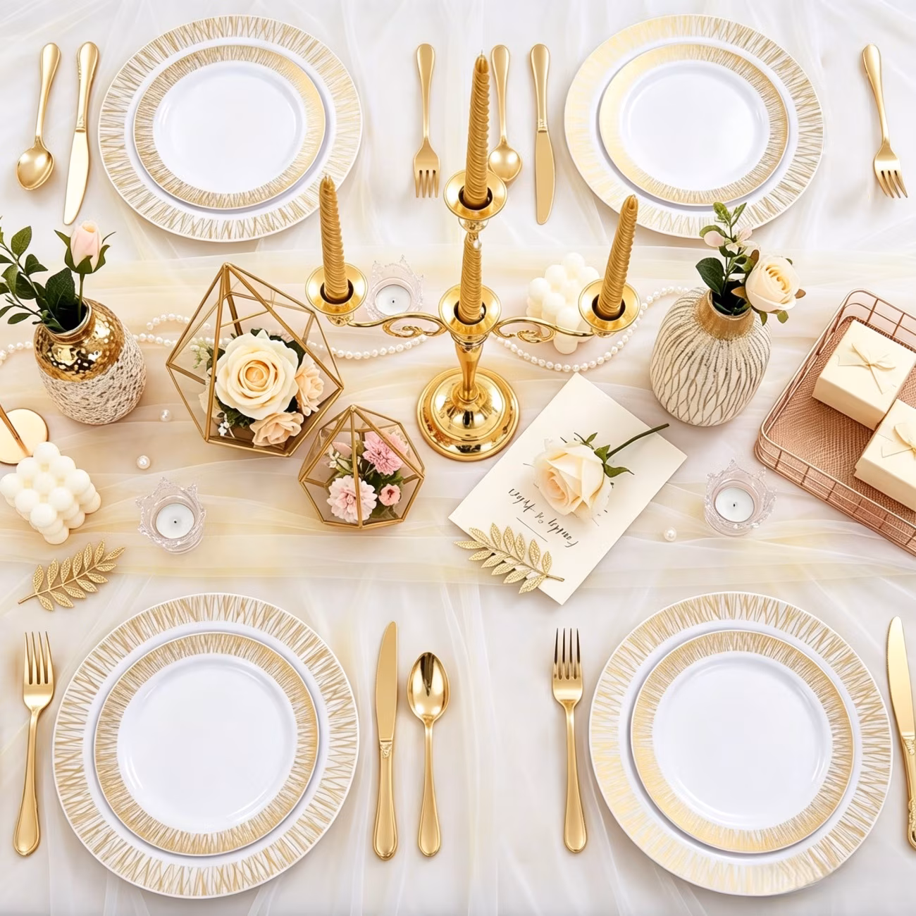 MQOALA 125 Gold Dinnerware Set for 25 Guests, Wedding Disposable Dinnerware , Including 25 Disposable Plastic Plates, 25 Dessert Plates, 25 Forks, 25 Spoons, 25 Knives, BPA-free