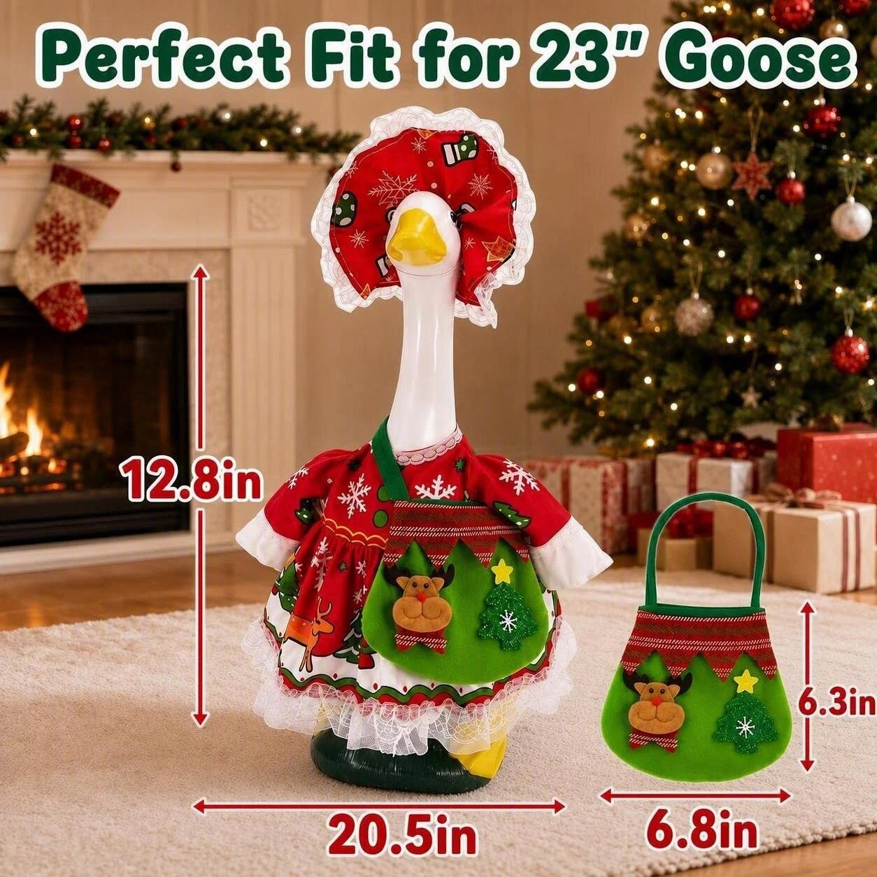 MQOALA 3Pcs Christmas Porch Goose Outfit, 23" Goose Christmas Tree Dress with & 3D Reindeer Bag for for Outdoor Yard Patio Christmas Decor