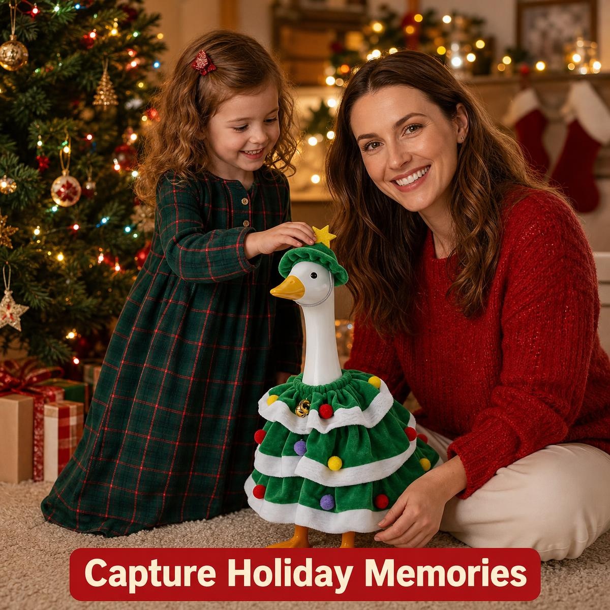 MQOALA Christmas Porch Goose Outfits, 2Pcs Set for 23 Inch Lawn Goose Statue, Christmas Tree Style Goose Dress & Star Hat with Bells, Garden Yard Patio Holiday Decor, Goose Figurine Not Included