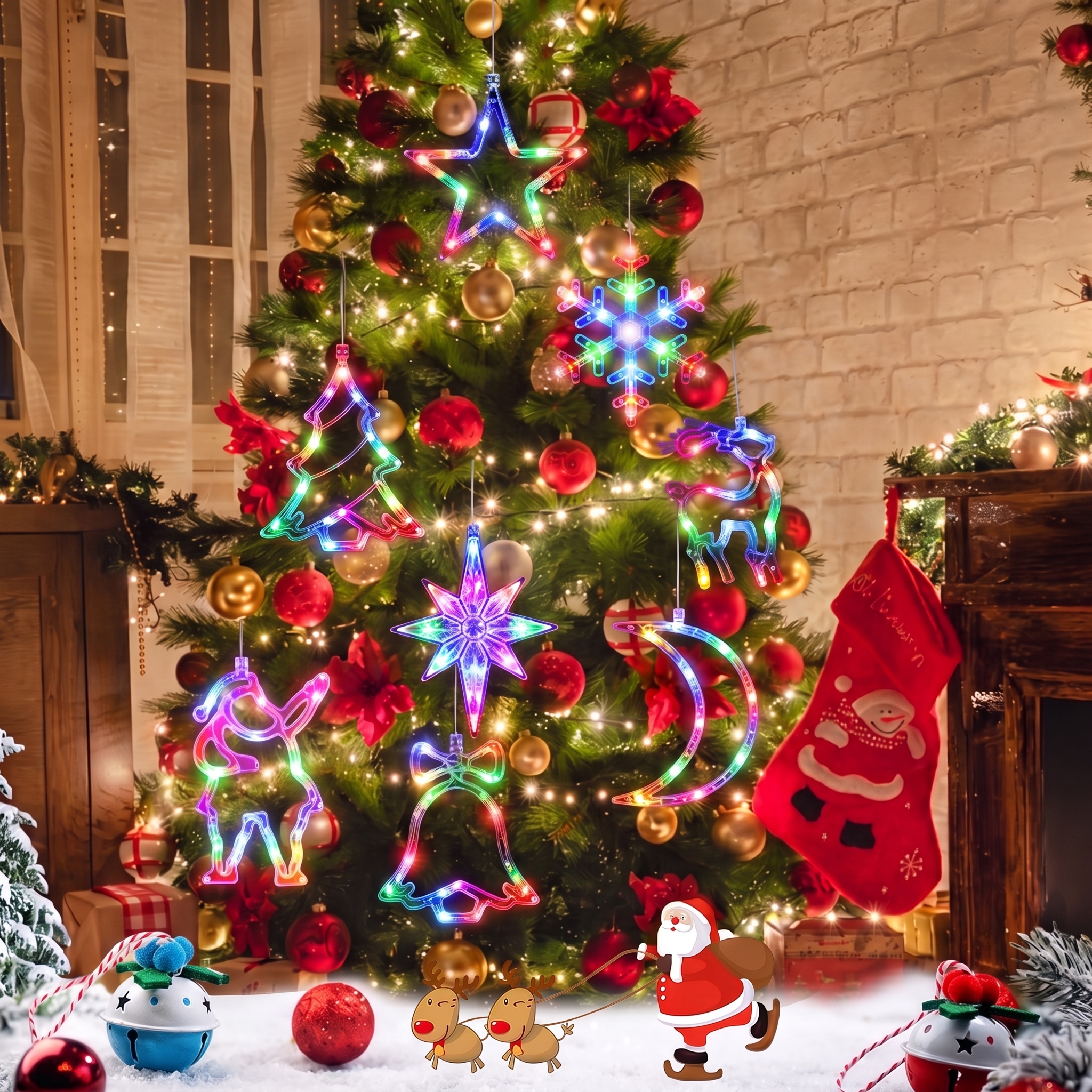 MQOALA 8 Pack Christmas Window Lights Decor, Battery Powered Multicolor LED Hanging Suction Cup, Snowflake Tree Star Deer Bell Moon Santa Claus for Holiday Window & Wall Decor