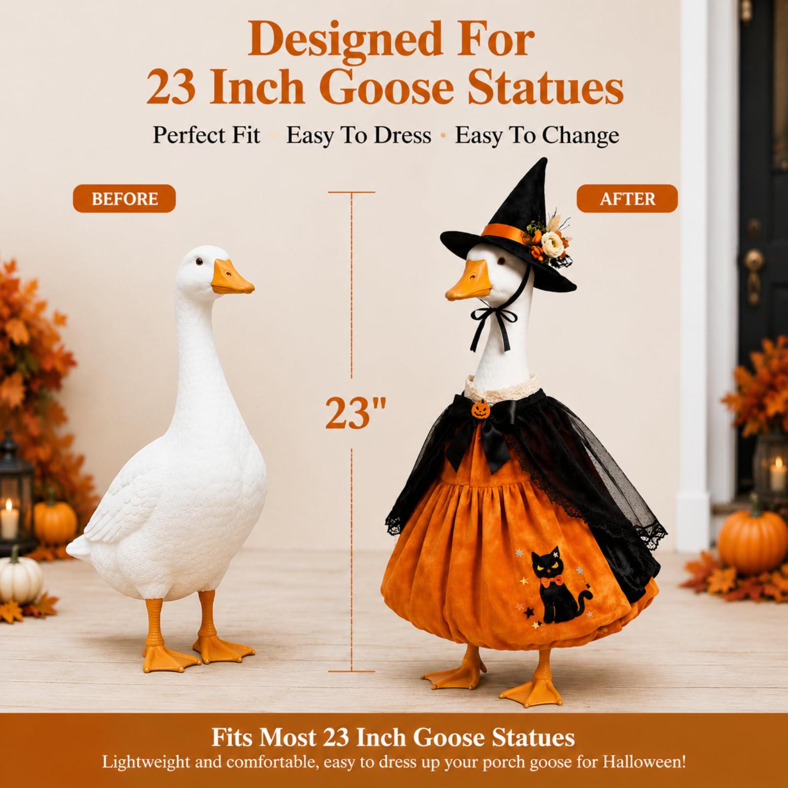 MQOALA 3PCS Halloween Porch Goose Outfit, 23" Goose Statue Pumpkin Witch Dress with Hat Set, Cute Goose Clothing for Fall Thanksgiving Outdoor Yard Patio Decor