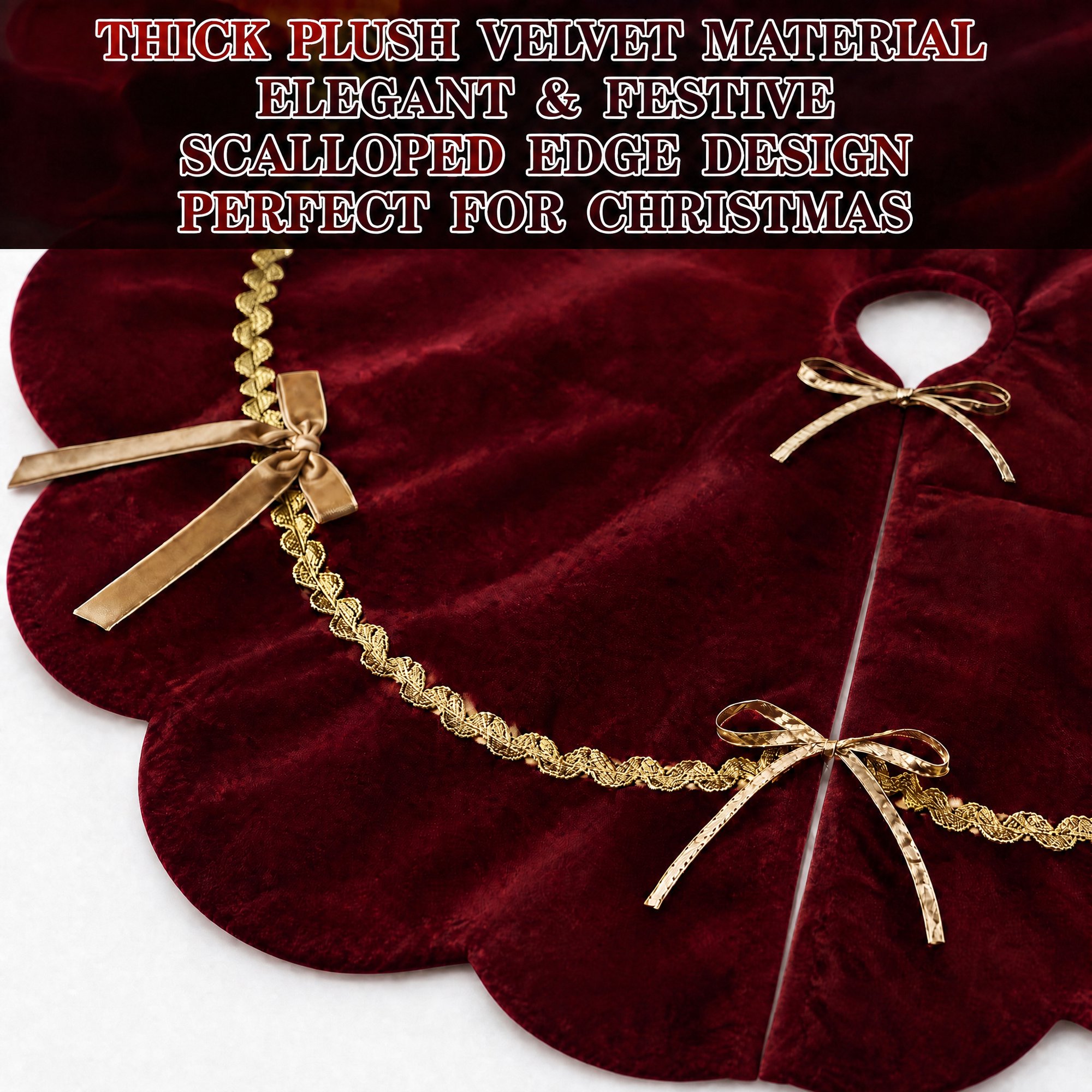 MQOALA Thickened Short Plush Christmas Tree Skirt, 36 Inch Scalloped Xmas Tree Mat with Sparkling Gold Lace Trim, Soft Short Plush Rustic Red Indoor Christmas Home Decor