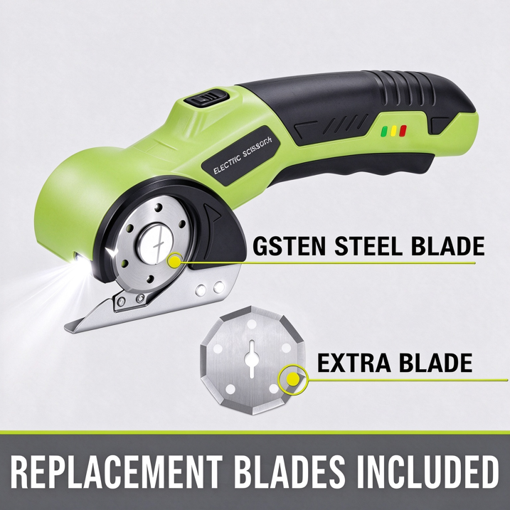 MQOALA 4V Rechargeable Rotary Cutter, 3000mAh Battery with LED Light & Safety Lock, 2 Blades, For Fabric, Carpet, Carton, Plastic & Leather,Green