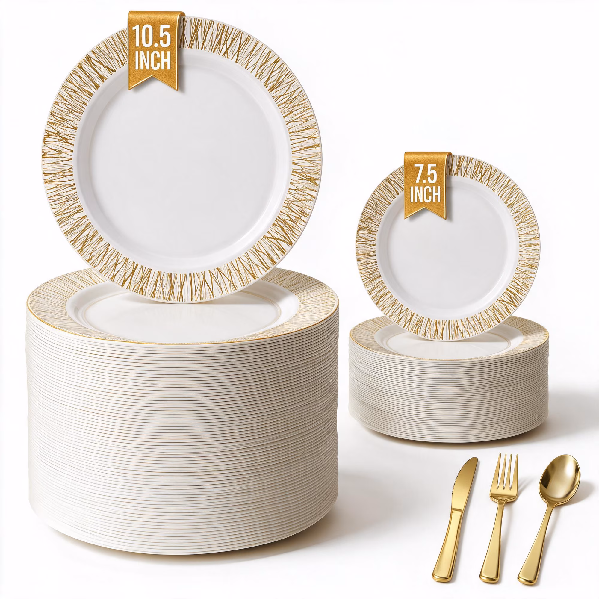 MQOALA 125 Gold Dinnerware Set for 25 Guests, Wedding Disposable Dinnerware , Including 25 Disposable Plastic Plates, 25 Dessert Plates, 25 Forks, 25 Spoons, 25 Knives, BPA-free