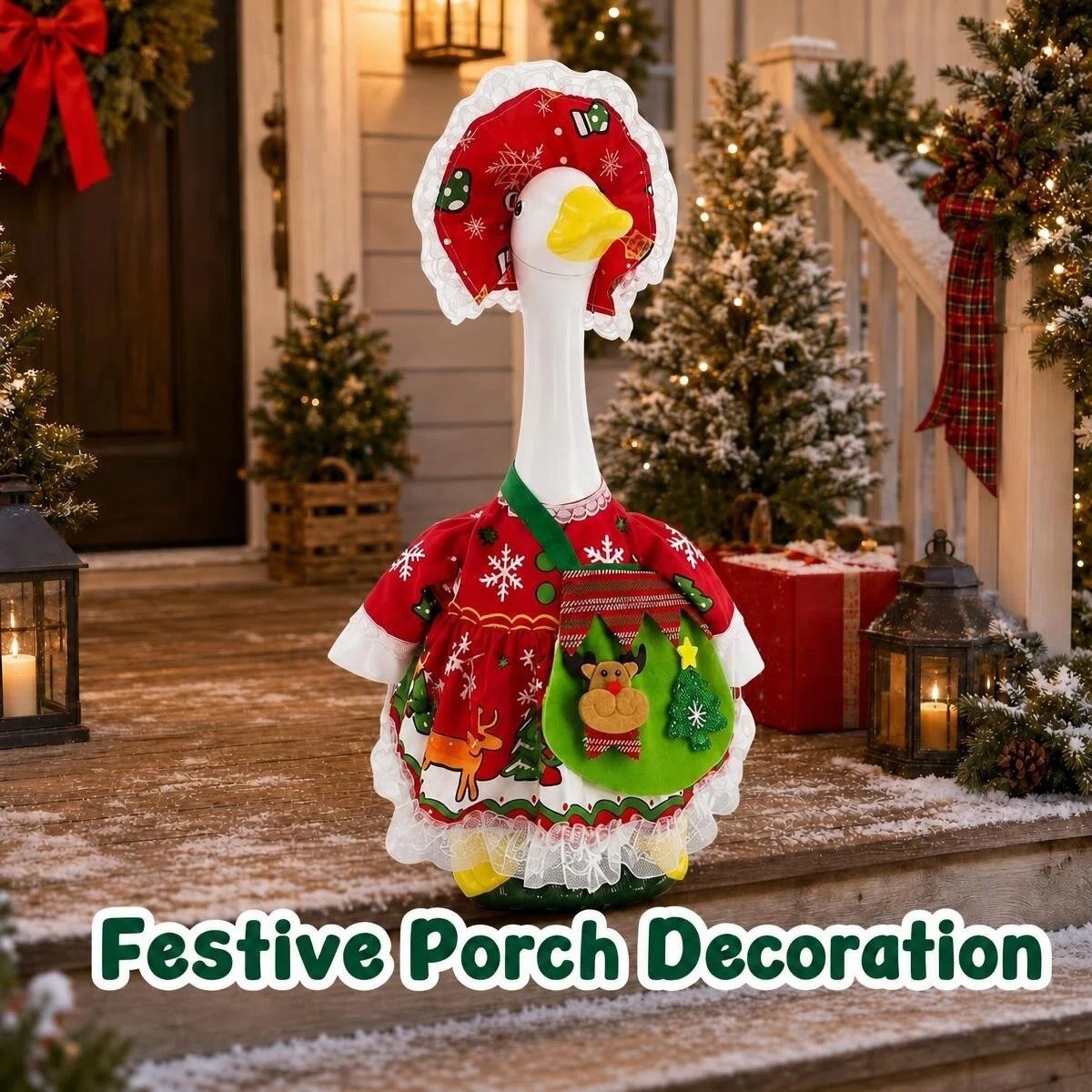 MQOALA 3Pcs Christmas Porch Goose Outfit, 23" Goose Christmas Tree Dress with & 3D Reindeer Bag for for Outdoor Yard Patio Christmas Decor
