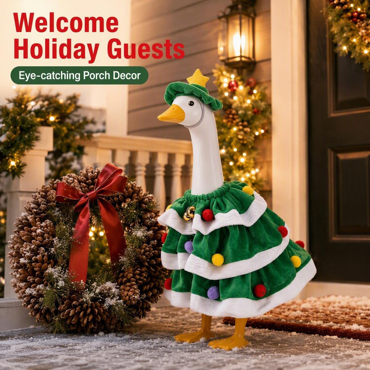 MQOALA Christmas Porch Goose Outfits, 2Pcs Set for 23 Inch Lawn Goose Statue, Christmas Tree Style Goose Dress & Star Hat with Bells, Garden Yard Patio Holiday Decor, Goose Figurine Not Included