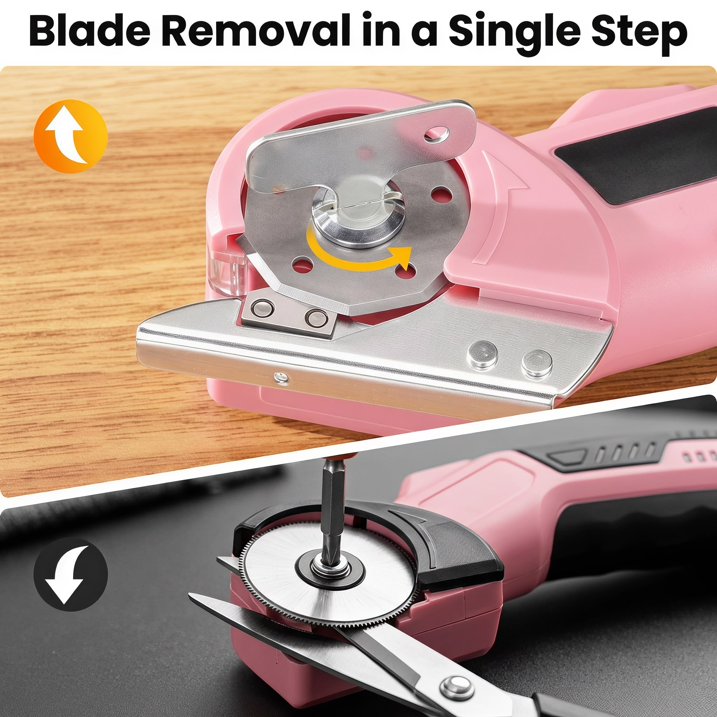 MQOALA 4V Rechargeable Rotary Cutter, 3000mAh Battery with LED Light & Safety Lock, 2 Blades, For Fabric, Carpet, Carton, Plastic & Leather