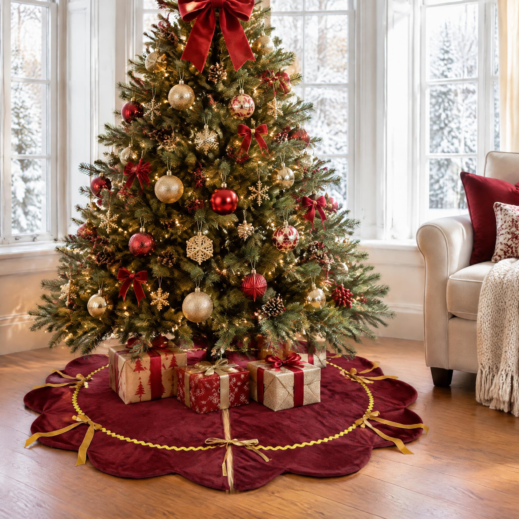 MQOALA Thickened Short Plush Christmas Tree Skirt, 48 Inch Scalloped Xmas Tree Mat with Sparkling Gold Lace Trim, Soft Short Plush Rustic Red Indoor Christmas Home Decor