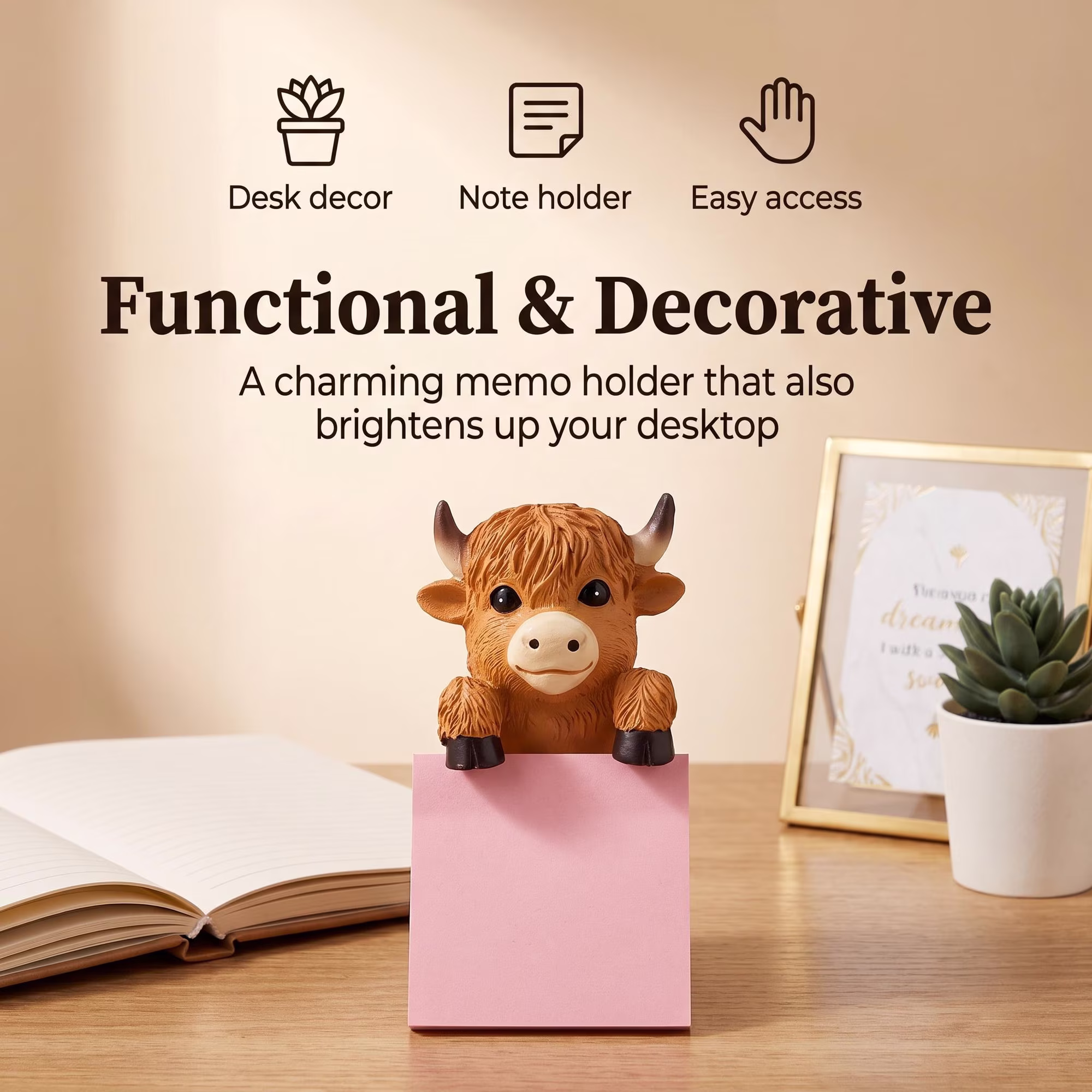 Cute Highland Cow Sticky Note Dispenser, Resin Desk Note Holder with 100 Sheets Pink Sticky Notes, Adorable Desktop Decor for Home Office Study Room