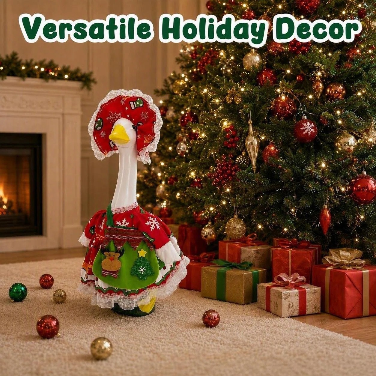 MQOALA 3Pcs Christmas Porch Goose Outfit, 23" Goose Christmas Tree Dress with & 3D Reindeer Bag for for Outdoor Yard Patio Christmas Decor