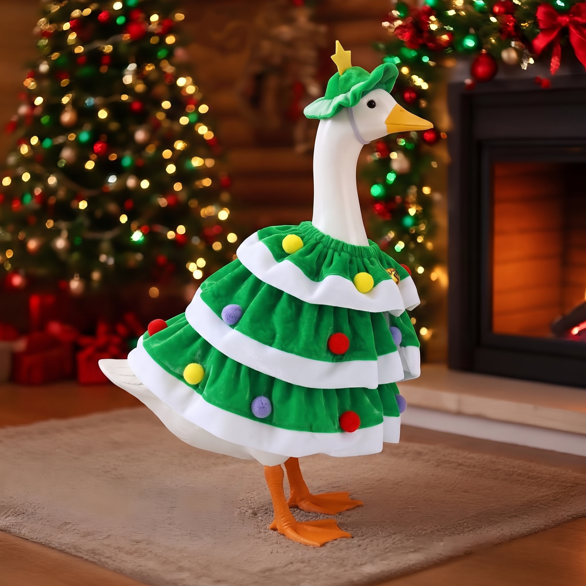 MQOALA Christmas Porch Goose Outfits, 2Pcs Set for 23 Inch Lawn Goose Statue, Christmas Tree Style Goose Dress & Star Hat with Bells, Garden Yard Patio Holiday Decor, Goose Figurine Not Included