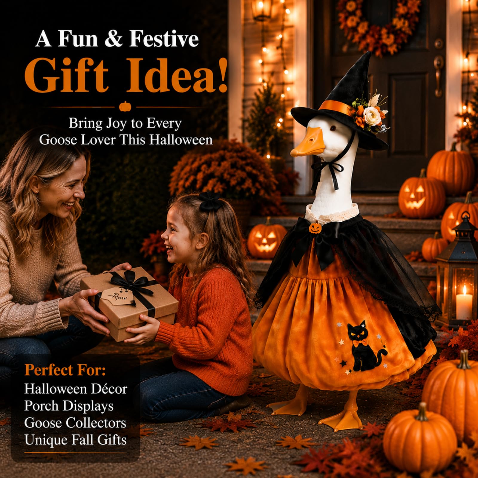 MQOALA 3PCS Halloween Porch Goose Outfit, 23" Goose Statue Pumpkin Witch Dress with Hat Set, Cute Goose Clothing for Fall Thanksgiving Outdoor Yard Patio Decor