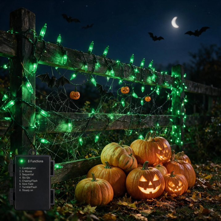 MQOALA String Lights, 100 LED Battery Operated 33FT Mini Lights, 8 Modes, Indoor Outdoor Patio, Halloween, Christmas, Party Holiday Decor, Green Wire