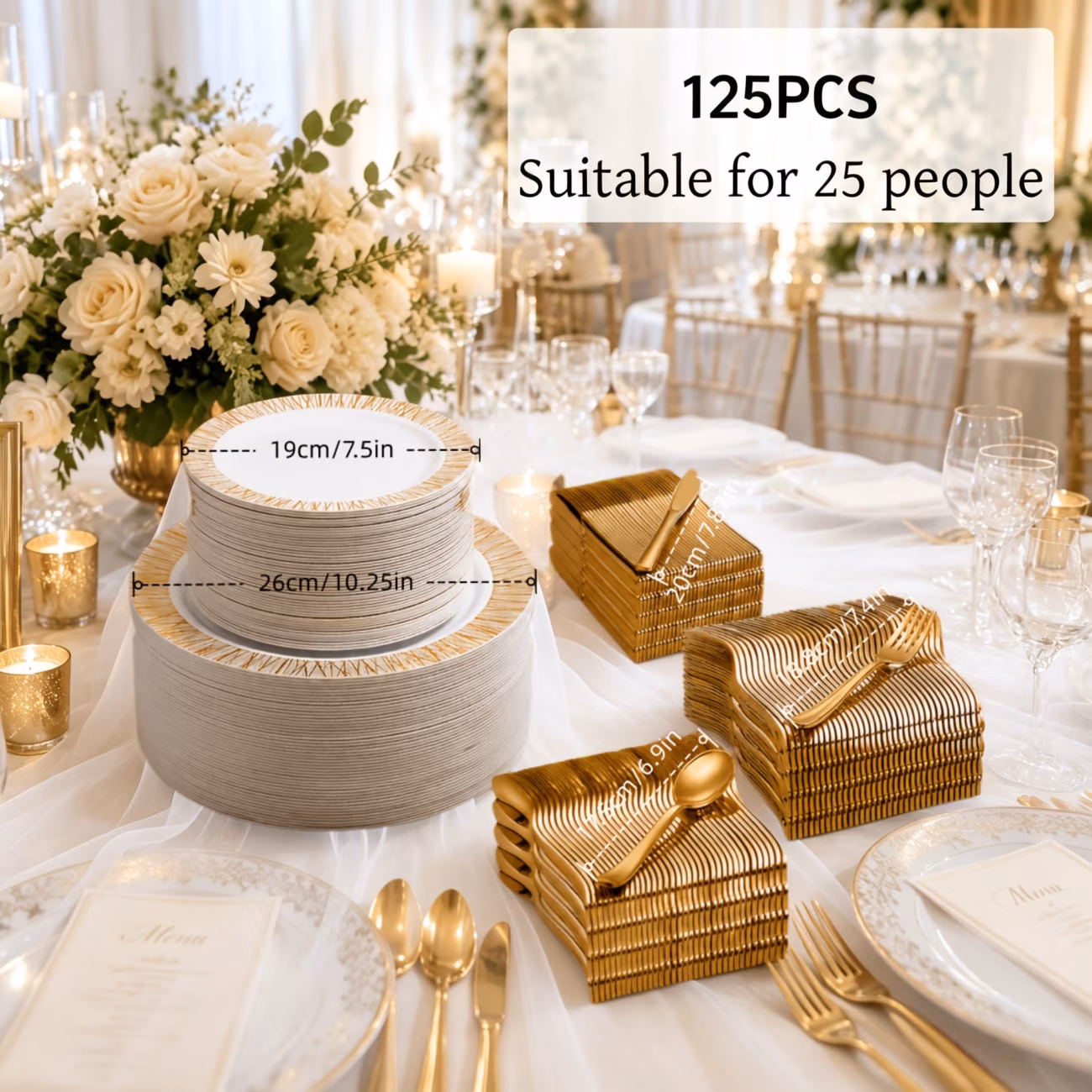 MQOALA 125 Gold Dinnerware Set for 25 Guests, Wedding Disposable Dinnerware , Including 25 Disposable Plastic Plates, 25 Dessert Plates, 25 Forks, 25 Spoons, 25 Knives, BPA-free