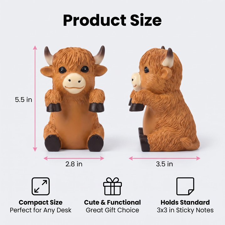 Cute Highland Cow Sticky Note Dispenser, Resin Desk Note Holder with 100 Sheets Pink Sticky Notes, Adorable Desktop Decor for Home Office Study Room