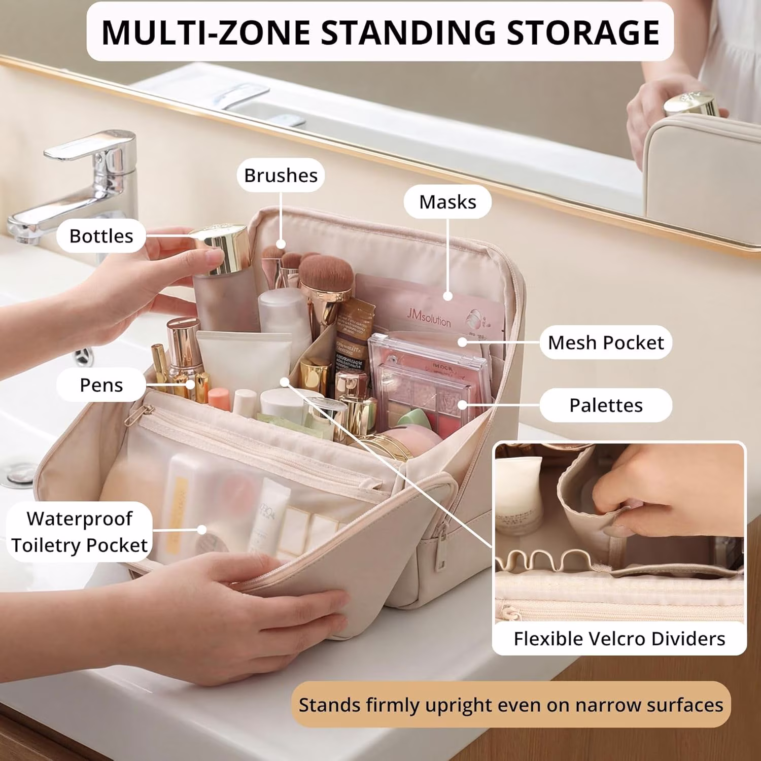 Travel Makeup Bag with Magnetic Fold-Down Flap, Waterproof Leather Cosmetic Organizer for Women, Multi-Zone Standing Storage, Pink, Large