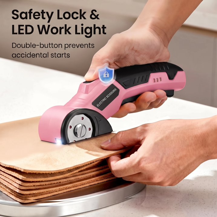 MQOALA 4V Rechargeable Rotary Cutter, 3000mAh Battery with LED Light & Safety Lock, 2 Blades, For Fabric, Carpet, Carton, Plastic & Leather