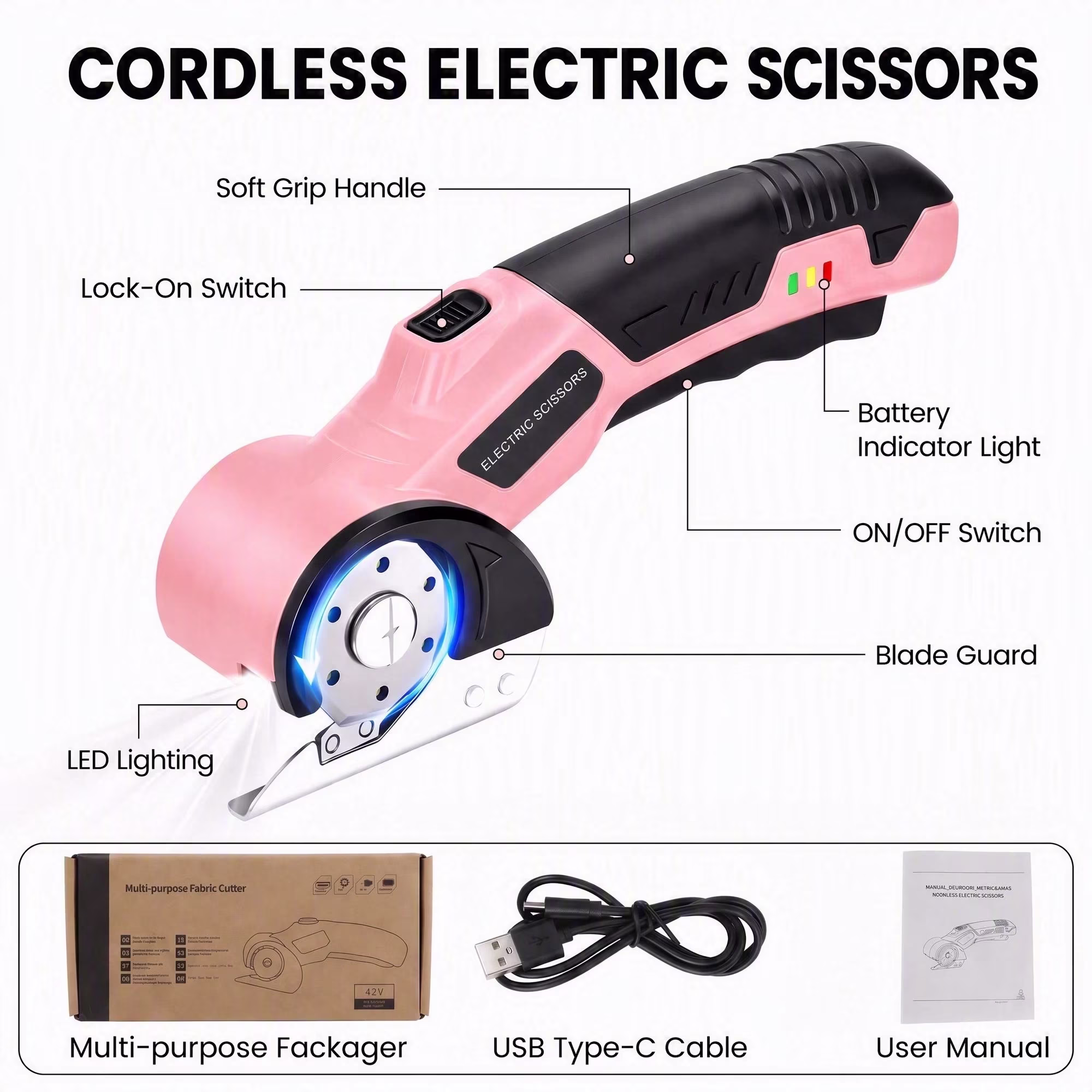 MQOALA 4V Rechargeable Rotary Cutter, 3000mAh Battery with LED Light & Safety Lock, 2 Blades, For Fabric, Carpet, Carton, Plastic & Leather