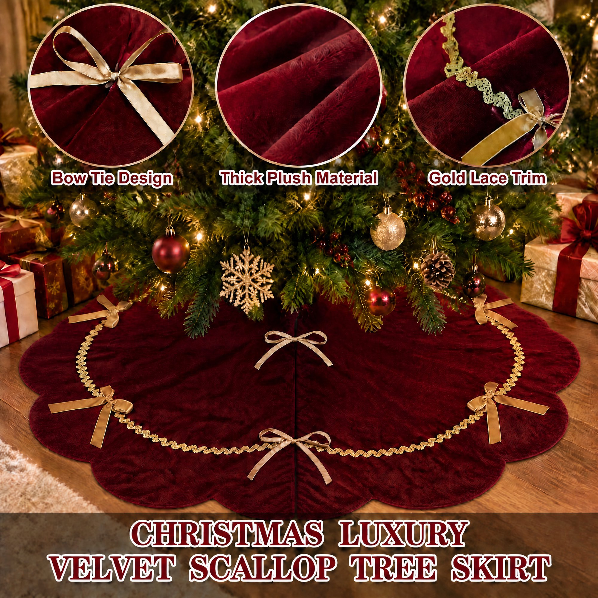 MQOALA Thickened Short Plush Christmas Tree Skirt, 36 Inch Scalloped Xmas Tree Mat with Sparkling Gold Lace Trim, Soft Short Plush Rustic Red Indoor Christmas Home Decor