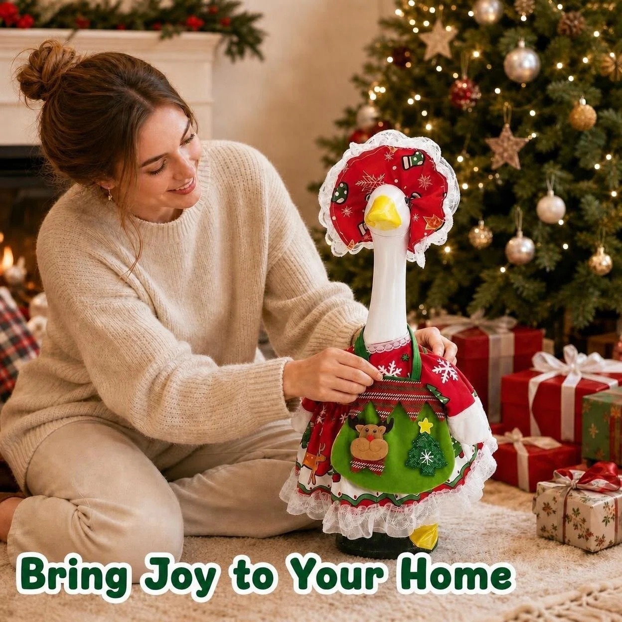 MQOALA 3Pcs Christmas Porch Goose Outfit, 23" Goose Christmas Tree Dress with & 3D Reindeer Bag for for Outdoor Yard Patio Christmas Decor