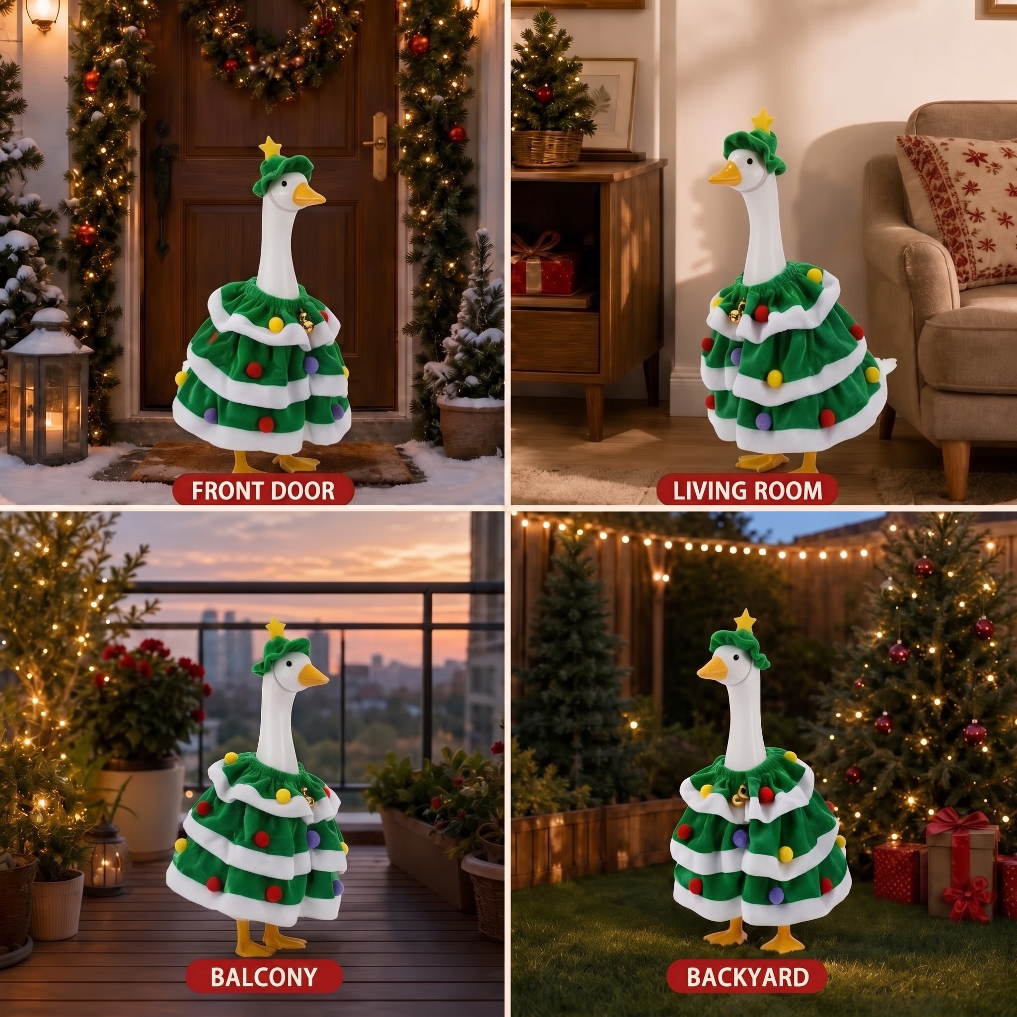 MQOALA Christmas Porch Goose Outfits, 2Pcs Set for 23 Inch Lawn Goose Statue, Christmas Tree Style Goose Dress & Star Hat with Bells, Garden Yard Patio Holiday Decor, Goose Figurine Not Included
