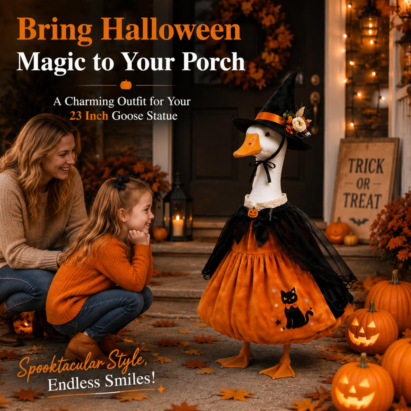 MQOALA 3PCS Halloween Porch Goose Outfit, 23" Goose Statue Pumpkin Witch Dress with Hat Set, Cute Goose Clothing for Fall Thanksgiving Outdoor Yard Patio Decor