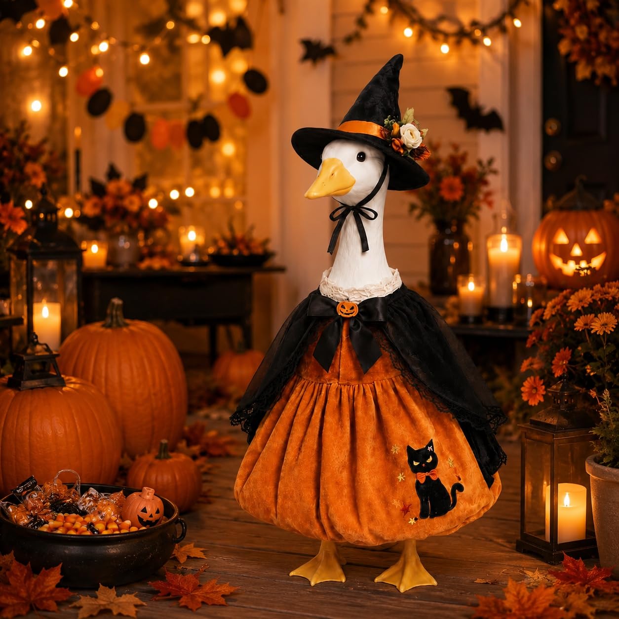 MQOALA 3PCS Halloween Porch Goose Outfit, 23" Goose Statue Pumpkin Witch Dress with Hat Set, Cute Goose Clothing for Fall Thanksgiving Outdoor Yard Patio Decor
