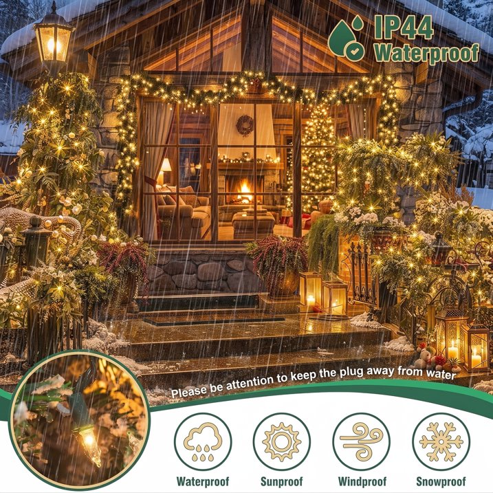 MQOALA Christmas Lights, 100 LED Battery Powered 33FT Warm White Mini Bulbs, 8 Modes, Indoor Outdoor Patio Party Holiday Decor, Green Wire
