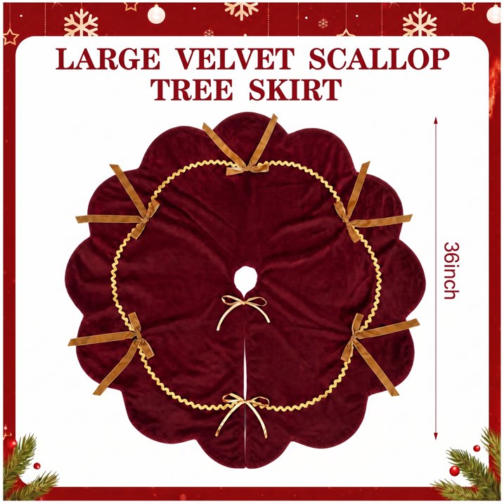 MQOALA Thickened Short Plush Christmas Tree Skirt, 36 Inch Scalloped Xmas Tree Mat with Sparkling Gold Lace Trim, Soft Short Plush Rustic Red Indoor Christmas Home Decor