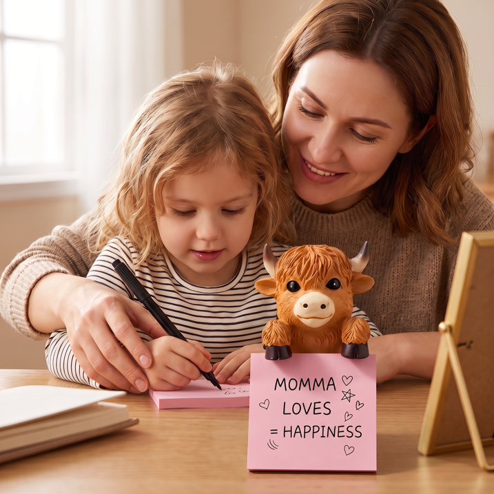 Cute Highland Cow Sticky Note Dispenser, Resin Desk Note Holder with 100 Sheets Pink Sticky Notes, Adorable Desktop Decor for Home Office Study Room