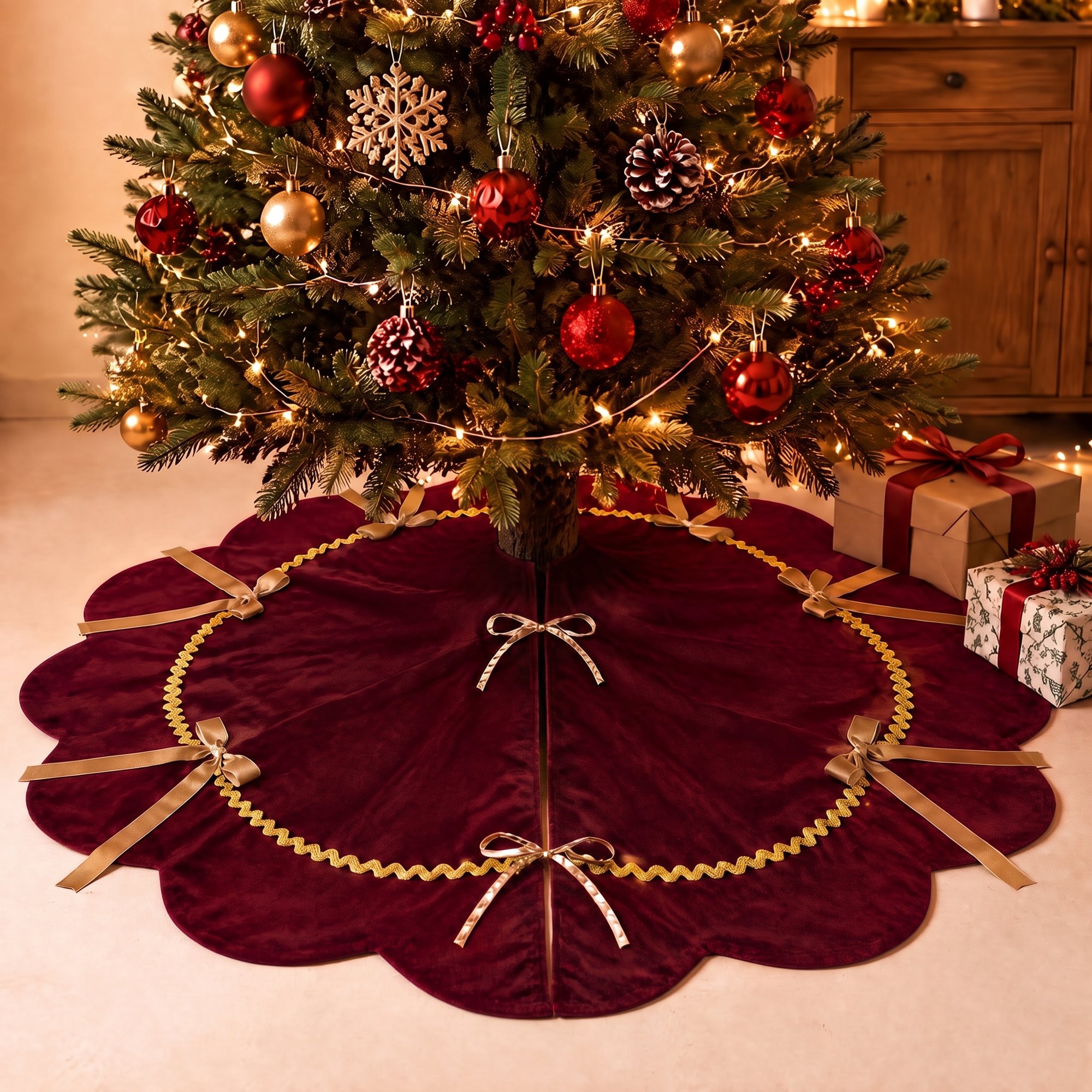 MQOALA Thickened Short Plush Christmas Tree Skirt, 36 Inch Scalloped Xmas Tree Mat with Sparkling Gold Lace Trim, Soft Short Plush Rustic Red Indoor Christmas Home Decor