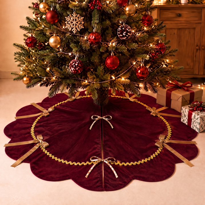 MQOALA Thickened Short Plush Christmas Tree Skirt, 48 Inch Scalloped Xmas Tree Mat with Sparkling Gold Lace Trim, Soft Short Plush Rustic Red Indoor Christmas Home Decor