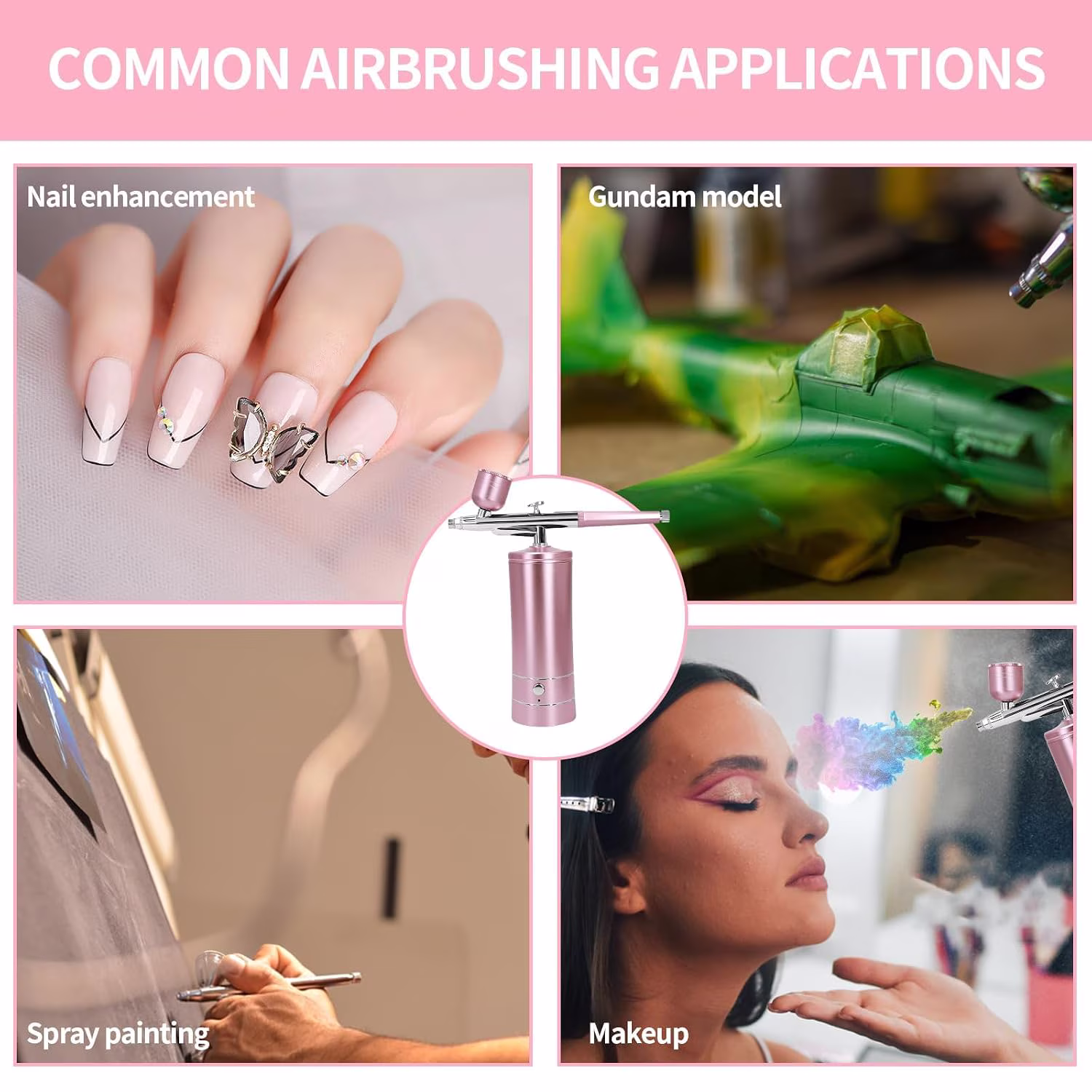 Airbrush Kit with Compressor, Portable Rechargeable Air Brush for Nail Art, Makeup, Barber & Model Painting (Pink)