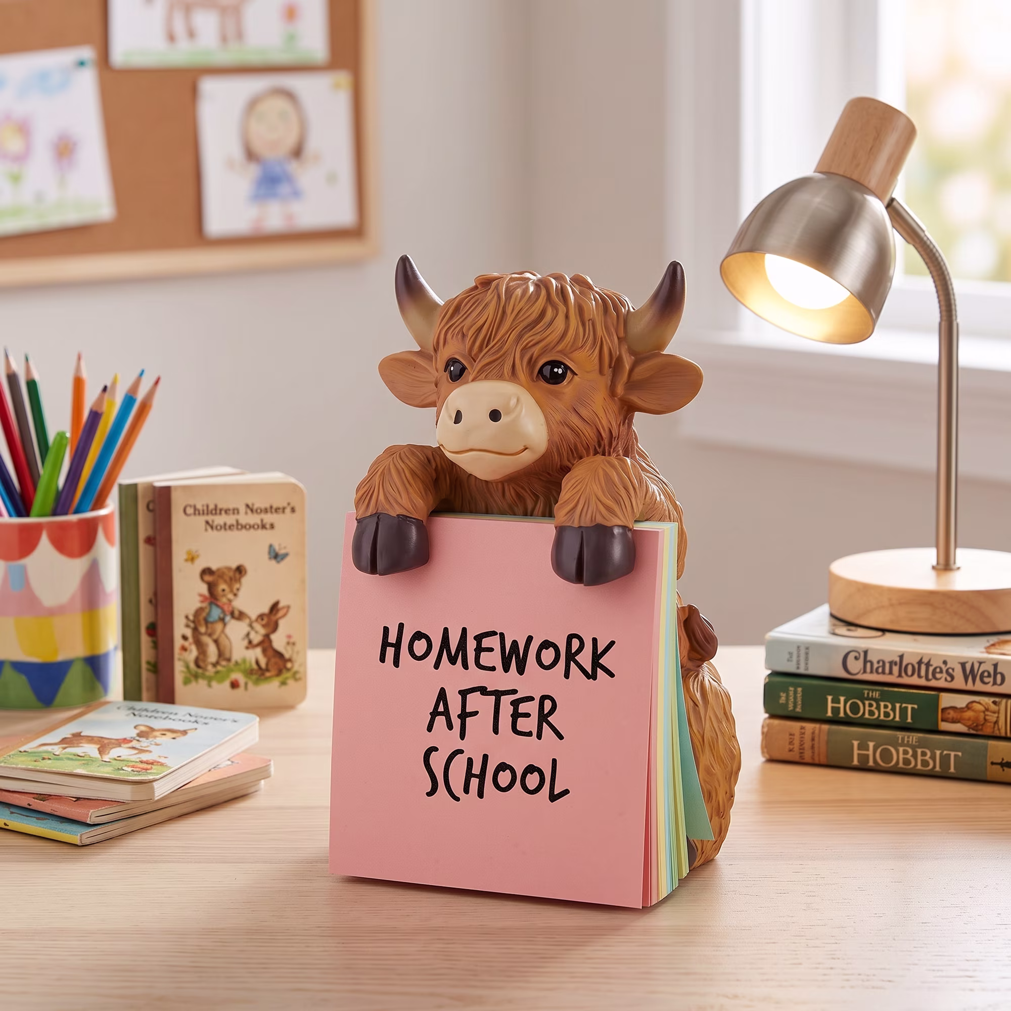 Cute Highland Cow Sticky Note Dispenser, Resin Desk Note Holder with 100 Sheets Pink Sticky Notes, Adorable Desktop Decor for Home Office Study Room
