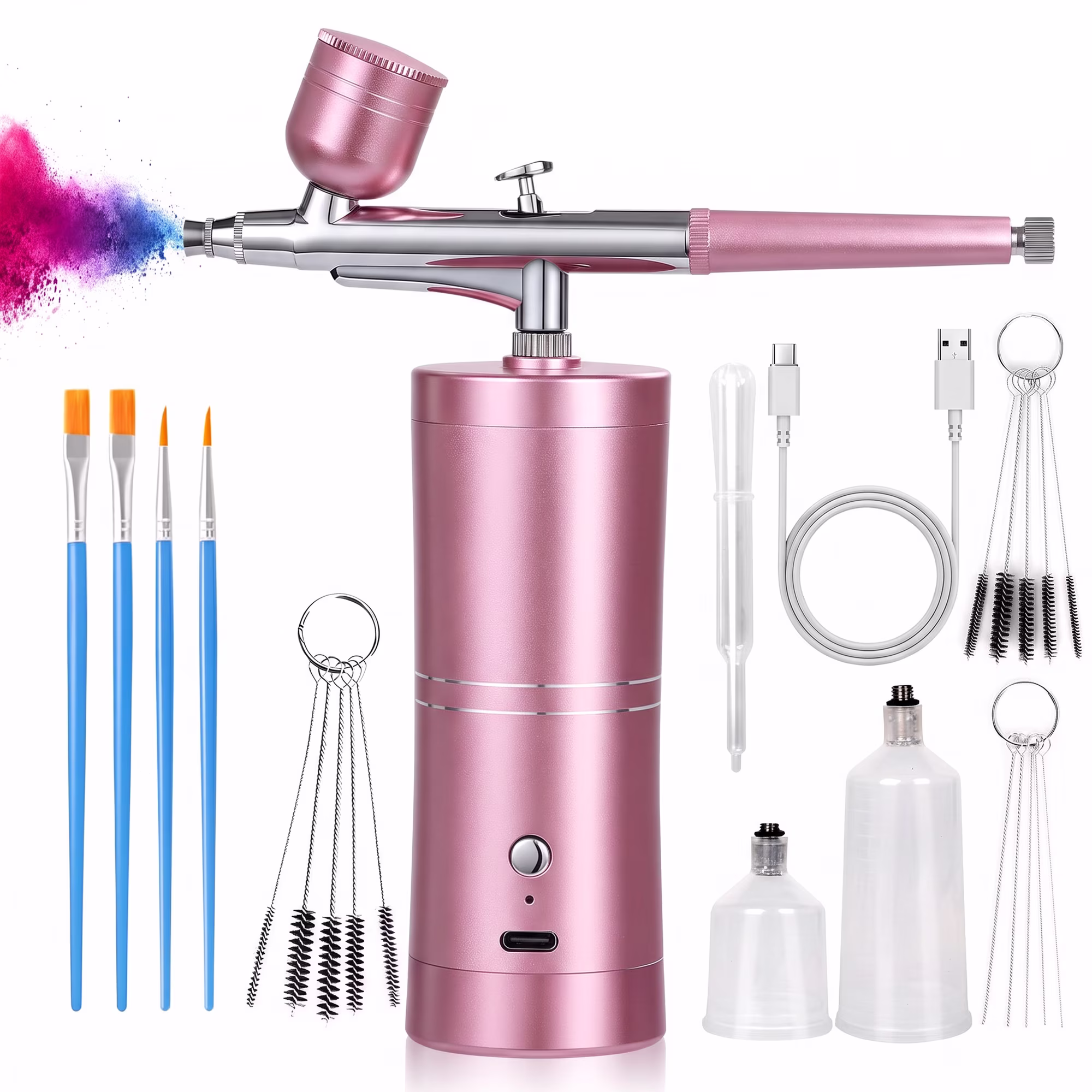Airbrush Kit with Compressor, Portable Rechargeable Air Brush for Nail Art, Makeup, Barber & Model Painting (Pink)