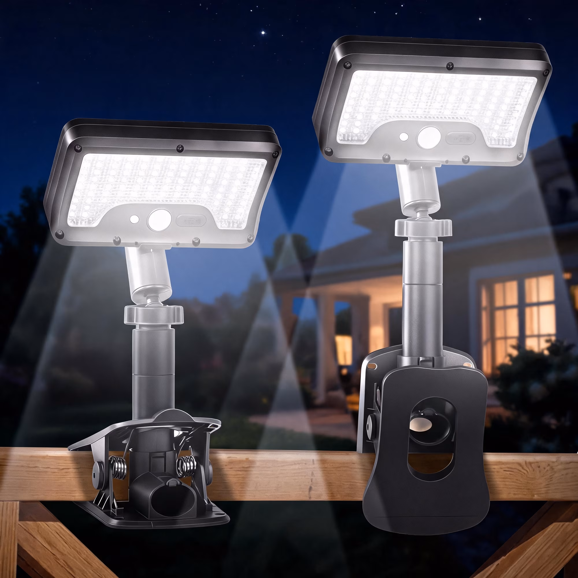 MQOALA Clip-on Solar Lights Outdoor, Motion Sensor 360° Adjustable Fence Lights, 92 LEDs 500LM 7000K IP65 Waterproof for Yard Deck Camping, 2 Pack