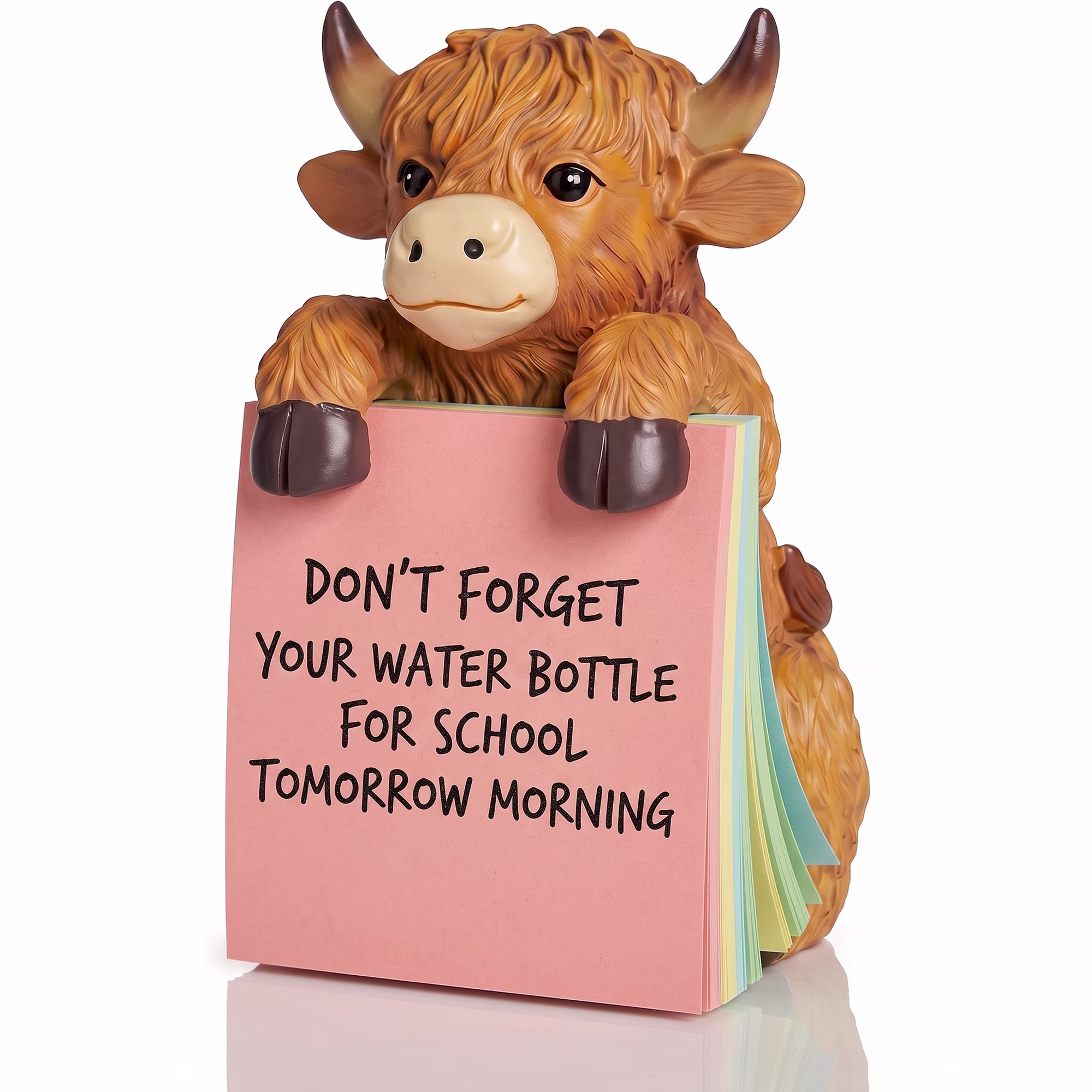 Cute Highland Cow Sticky Note Dispenser, Resin Desk Note Holder with 100 Sheets Pink Sticky Notes, Adorable Desktop Decor for Home Office Study Room