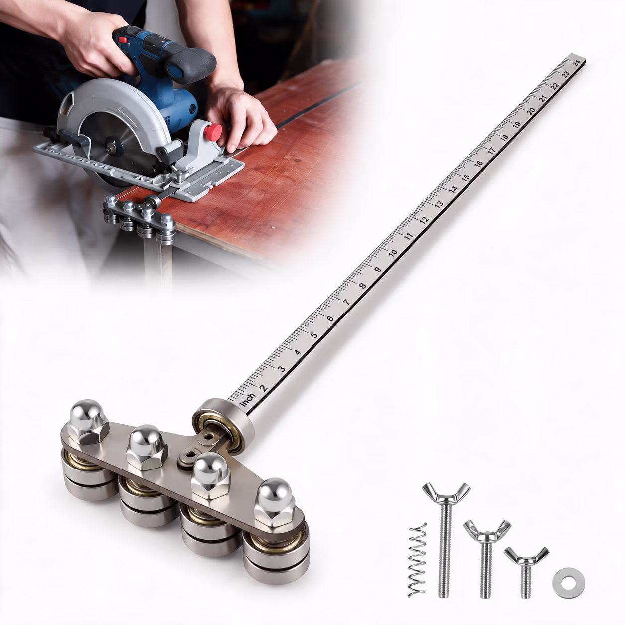 MQOALA 24in Positioning Calipers with Four-Axis, Stainless Steel Adjustable Guide Rail for Circular Saw, Silver, 1 pack, Woodworking Rip Cut Cutting Tool