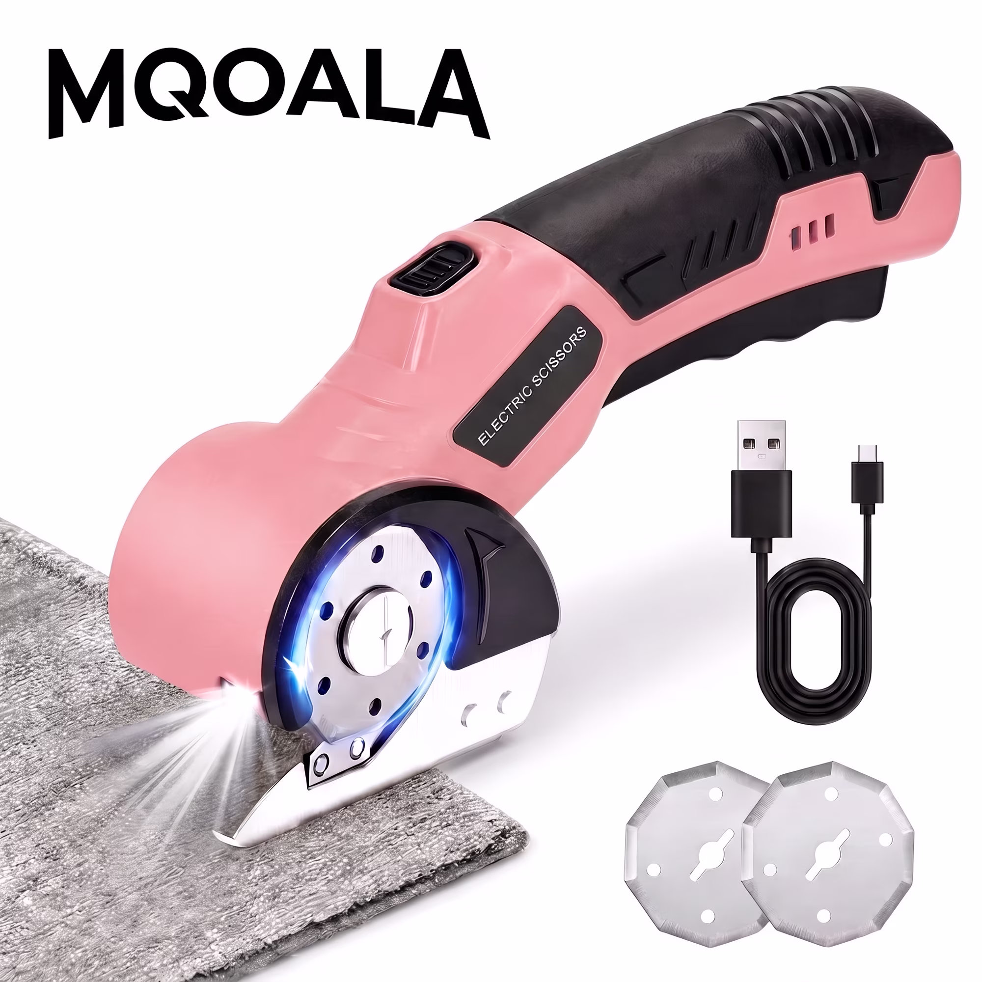 MQOALA 4V Rechargeable Rotary Cutter, 3000mAh Battery with LED Light & Safety Lock, 2 Blades, For Fabric, Carpet, Carton, Plastic & Leather